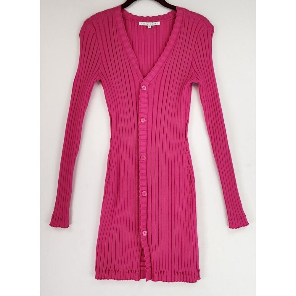 Endless Rose Dress Womens Small Pink Rulffe V Neck Ribbed Button Down Knit Mini